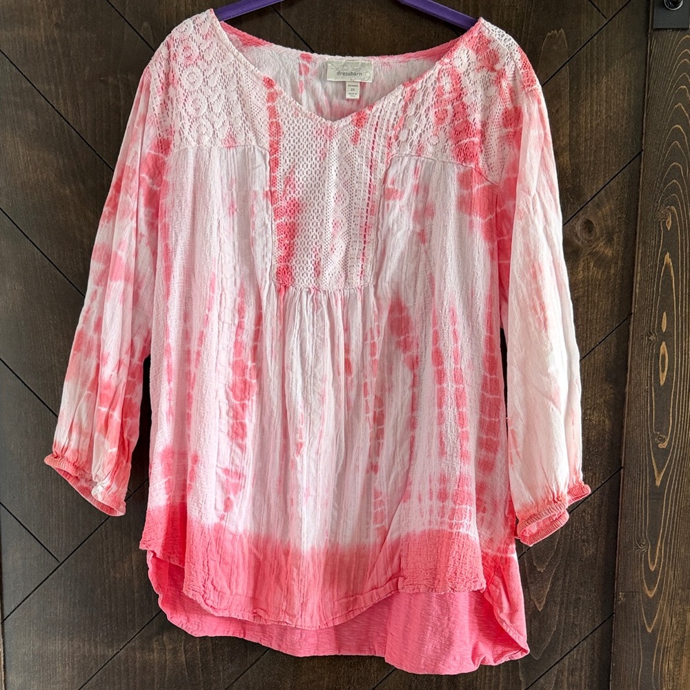 Dress Barn Pink Tie-Dye Crochet Yoke Peasant Tunic